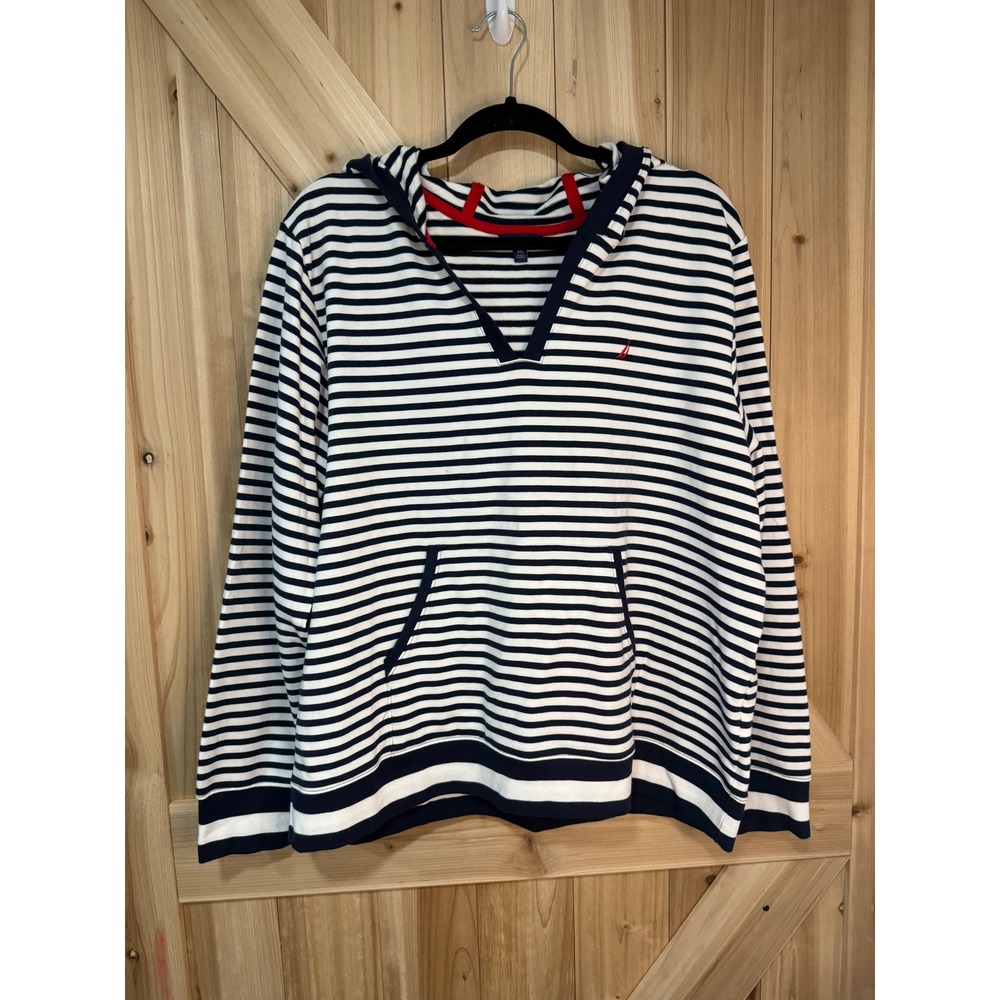 Nautica Womens XXL Navy White Striped V-Neck Hoodie Pullover Kangaroo Pocket